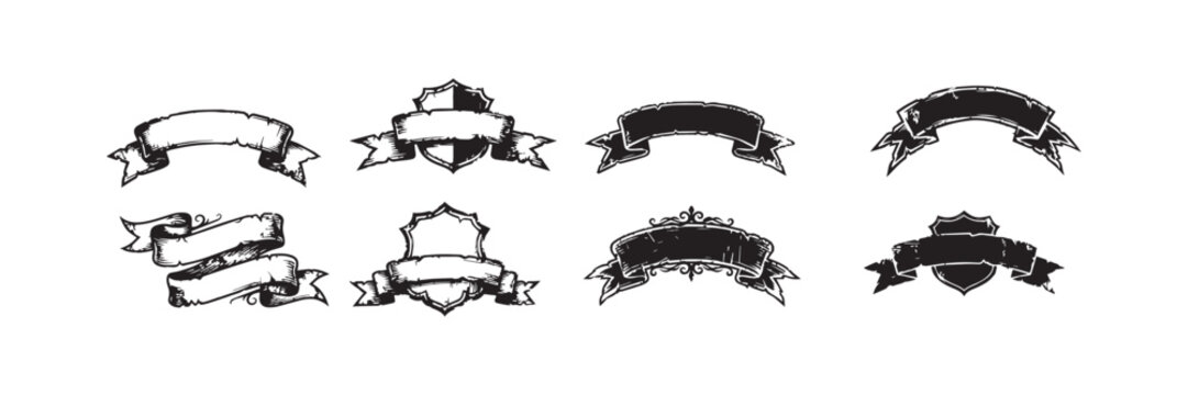 set grunge banners, distressed ribbon banner shapes, grunge labels, rough texture badge banners.