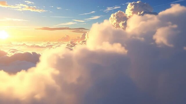 Golden sunlight illuminates a vast expanse of f white clouds from above, creating a serene and ethereal sky landscape.