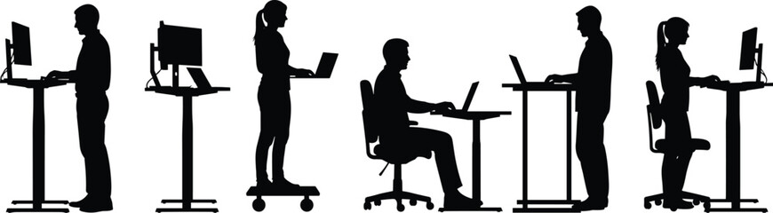 Office worker silhouettes using computer at standing and sitting desks, modern workplace productivity, business people working with laptop illustration collection