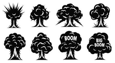 Collection of explosive cloud shapes in stark black silhouette © Taylor