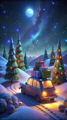 Fototapeta premium Holiday adventure unfolds as a car packed with gifts travels through snowy mountains under a starry sky