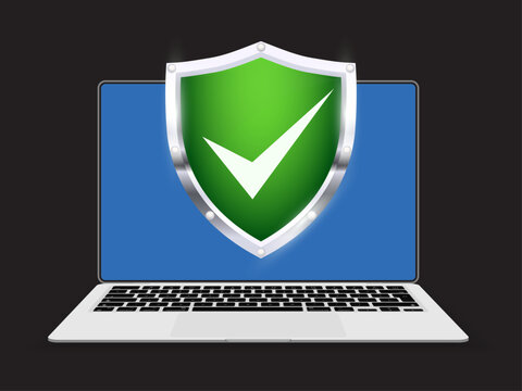 Laptop Computer with Security Shield Check Mark on Screen Web Cyber Security Protection Technology Vector Illustration