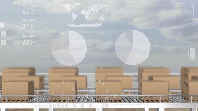 Animation of financial data processing over boxes on conveyor belts and sky with clouds