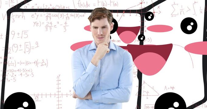 Animation of caucasian businessman thinking on white background with graffiti and math symbols