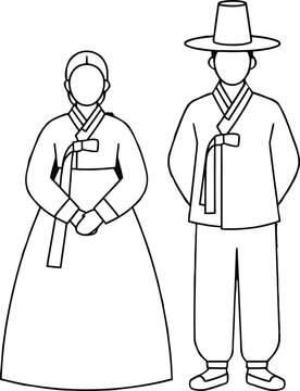 Beautiful traditional Korean couple wearing authentic hanbok clothing featuring a man with a classic gat hat and a graceful woman in a simple black outline design.