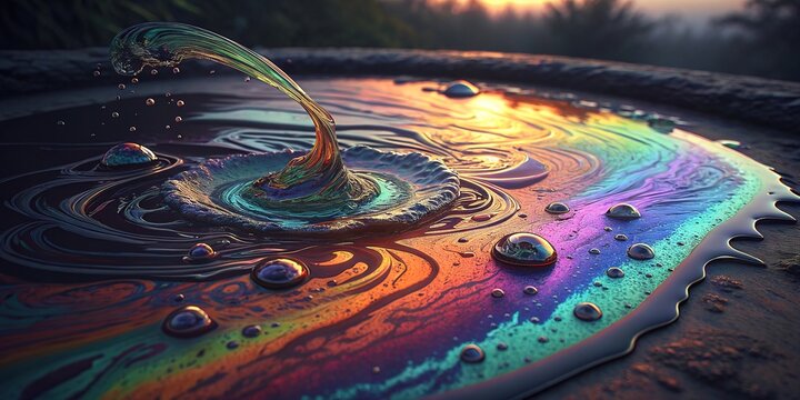 Vibrant hues dance on the surface of a swirling oil slick as light refracts in a colorful spectacle