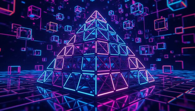 Synthwave Pyramid with Floating Cubes on Reflective Grid
