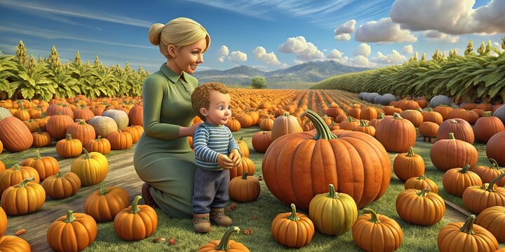 Mother and toddler son enjoy a sunny day picking pumpkins in a vibrant pumpkin patch surrounded by rolling hills