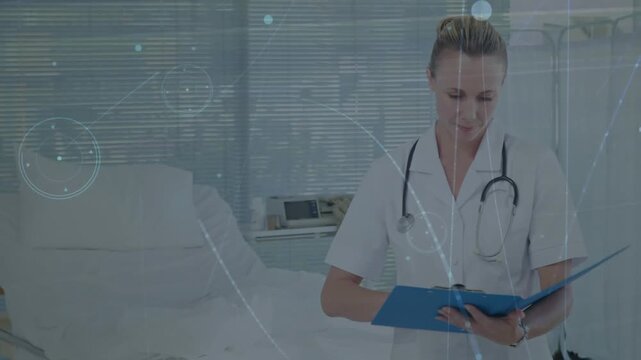 Animation of floating dots and glitch technique over caucasian female doctor writing report