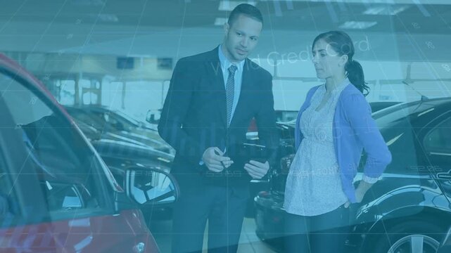 Animation of data processing over caucasian woman with businessman in car salon