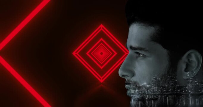 Animation of cityscape over man face against neon red hexagonal tunnel in seamless pattern