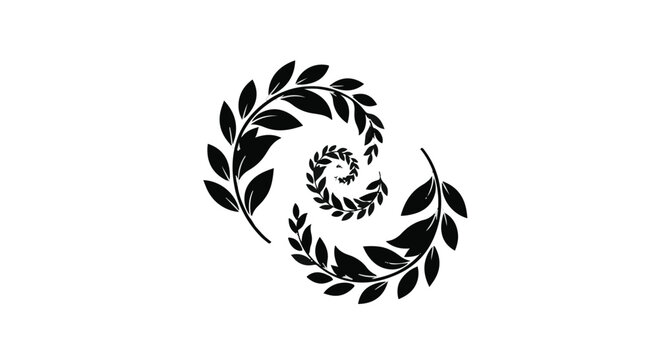 Black laurel branches curve inward in a symmetrical, recursive spiral pattern suggesting growth, achievement, and natural elegance on a clean background.