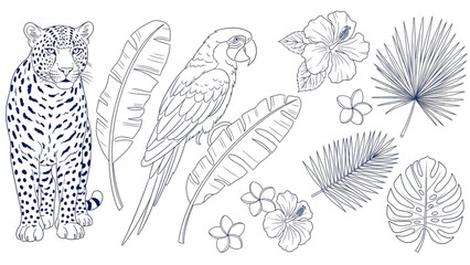 A jaguar stands beside a colorful parrot among tropical leaves and flowers. © Stock Image Paradise