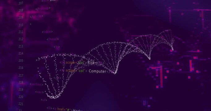 Animation of DNA strand with HTML code overlay on dark purple background