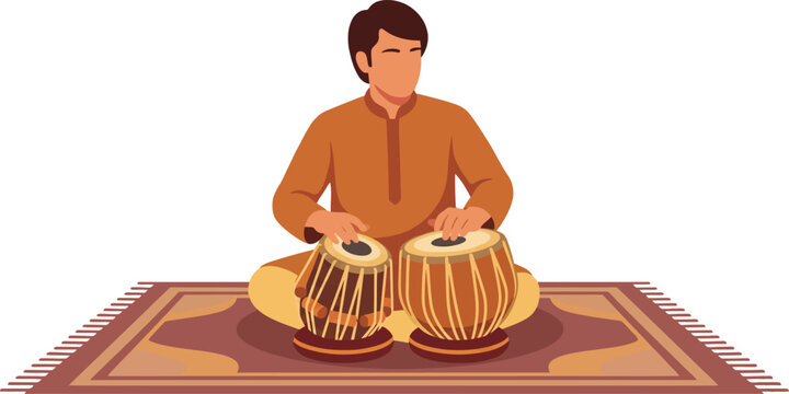 Traditional South Asian male musician sitting cross-legged on a beautifully ornate decorative rug skillfully playing classical tabla drums in a brown ethnic kurta.