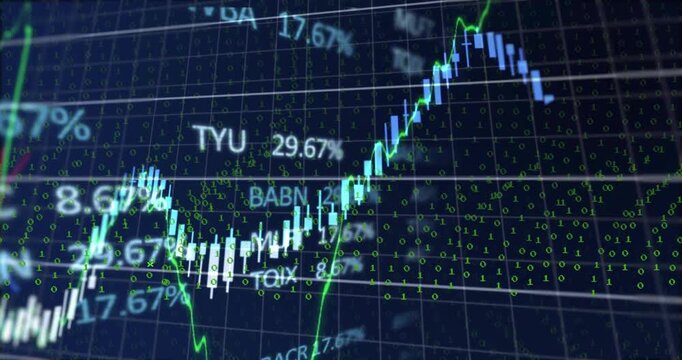 Digital chart showing candlesticks and green trend line moving on grid with floating binary code