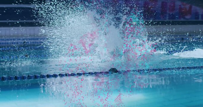 Swimmer lifting head for breath in sports pool and forming wireframe cube dispersing into dots