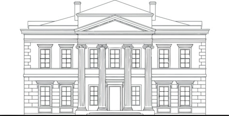 A detailed architectural drawing of a neoclassical building facade isolated on transparent background © SampaRani