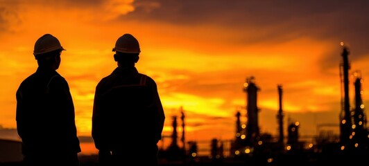 Fototapeta premium The refinery workers silhouetted against a fiery orange sunset above oil plant towers