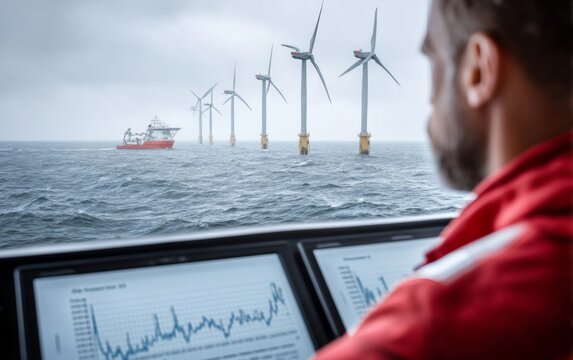 Vessel Docking Near Towering Wind Turbines at Sea
