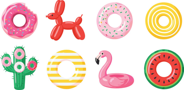 Summer Pool Float Collection with Donut Ring Flamingo Balloon Dog Cactus Watermelon Inflatable Vector Illustration Set
