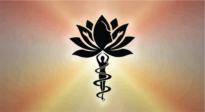 Black silhouette of a person coiled around a snake ascends toward a large, open lotus flower against a warm, softly lit gradient background of orange and yellow hues.