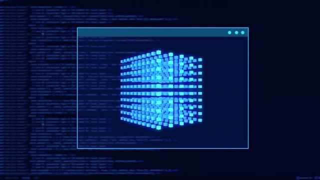 Developer Monitor background with glowing Cubic source code and blurry binary data on a futuristic interface,representing modern software engineering and development.themes on software development