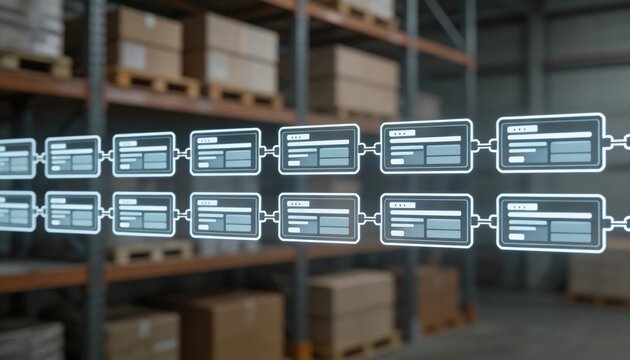Focused display of a blockchain ledger for warehouse receipt tokenization on a digital device with transaction timestamps clear and warehouse racks faded into the background.