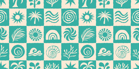 Vector hand drawn seamless pattern graphics with silhouette summer and vacation illustrations, print design template, tropical illustrations, with holiday floral illustrations © venimo