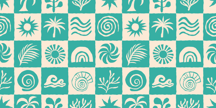 Vector hand drawn seamless pattern graphics with silhouette summer and vacation illustrations, print design template, tropical illustrations, with holiday floral illustrations