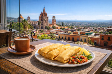 Naklejka premium Traditional Mexican Tamales with Atole on Outdoor Café Table Overlooking Scenic San Miguel de Allende at Sunrise