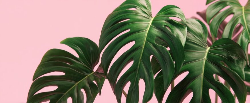 The Monstera leaves against a pastel pink background for modern tropical decor