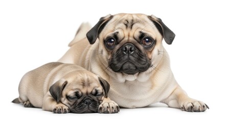 Obraz premium Close Up Portrait of a Pug Mother and Her Cute Blue Puppy