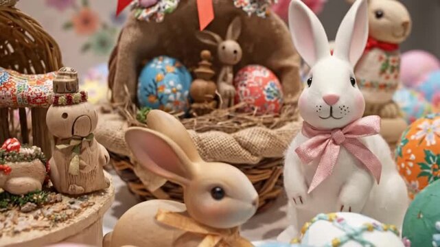 Colorful Easter Egg Decorations with Bunny and Rabbit Figurines for Spring Celebration.