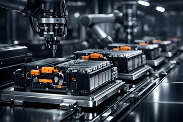 Fototapeta premium Assembly line of mass production electric vehicle batteries 