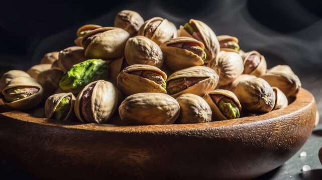 Close up of shelled pistachios with natural texture and warm lighting