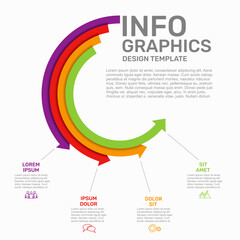 Circular infographic template with arc segments, arrows, and labeled sections for business data visual. Vector illustration.