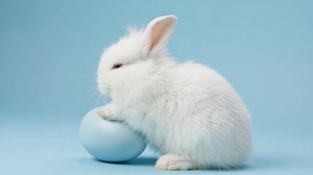 Slow motion portrait of a fluffy white bunny by a blue egg with delicate wind ruffling its fur, ideal for high end professional spring campaigns.