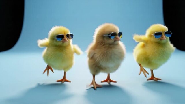 Three cool fluffy yellow chicks in blue sunglasses walking forward in slow motion, perfect for a humorous conceptual fashion or music video intro.