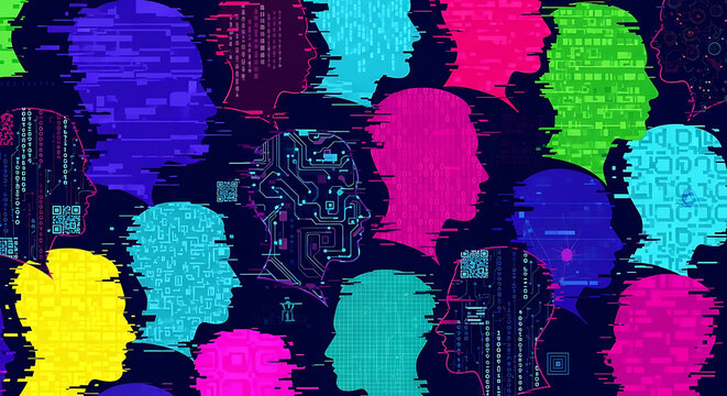 Digital Glitch Tech Diverse People Crowd Seamless Pattern - Cyberpunk Silhouettes in Electric Blue Neon Magenta Acid Green with Circuit Binary Pixel Textures - Futuristic Print for Tech Design