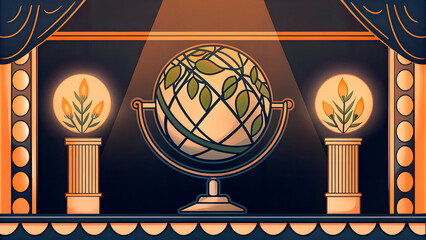 Fototapeta premium Decorative globe with green leaves on pedestal under spotlight, International Earth Day, Art Deco style 