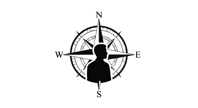 A stark black and white compass rose surrounds a central human profile, symbolizing personal direction, navigation, and finding one's true path.