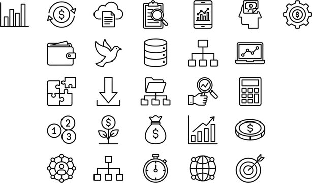 Business finance and strategy line icon set with growth chart investment money planning symbols minimal outline vector illustration