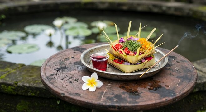 Balinese Hindu offering Canang Sari with incense and lotus pond background