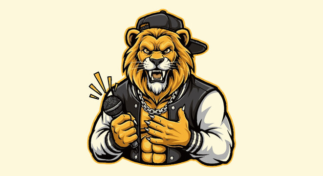Lion Character Wearing Black Cap and Jacket.