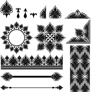 Thai Traditional Ornament Elements Set Floral Thai Pattern Borders Corners Frame and Seamless Pattern