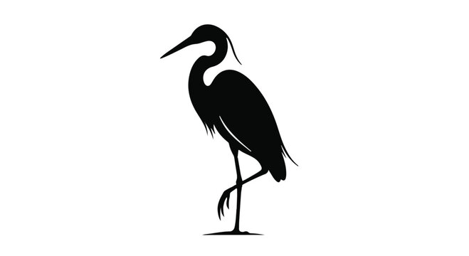 Elegant black silhouette of a slender wading bird, likely a heron or egret, standing gracefully on one leg against a stark white background for branding.