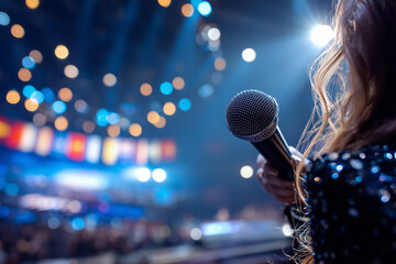 Woman with a microphone on a stage with flags from different countries, music live show event, international song contest