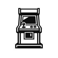 Iconic retro arcade game machine vector icon in classic black and white, featuring a vintage joystick and buttons. This represents old-school video game entertainment, nostalgic amusement, gaming cult