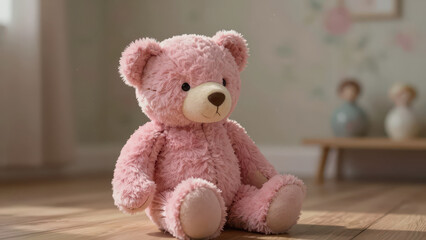 Fototapeta premium Soft Pink Plush Teddy Bear Sitting on Wooden Floor in Cozy Child'S Room with Natural Light and Blurred Background Decor